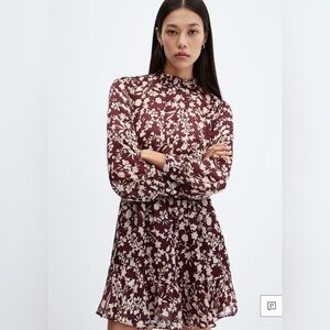 Mango Flowy Flower Printed Dress | Burgundy Floral | Long Sleeve Mini | XS